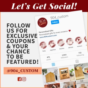 May include: A social media post for a business called 904 Custom, which specializes in personalized gifts. The post encourages followers to follow the business for exclusive coupons and a chance to be featured. The post includes a link to the business's website, www.904custom.com, and a photo of a variety of personalized gifts.