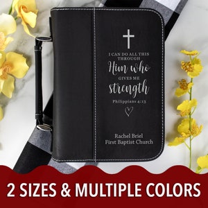 Custom Bible Cover with Cross, Personalized Bible Case, Leatherette Book Cover, Bible Cover with Bible Verse Philippians 4:13 Laser-Engraved