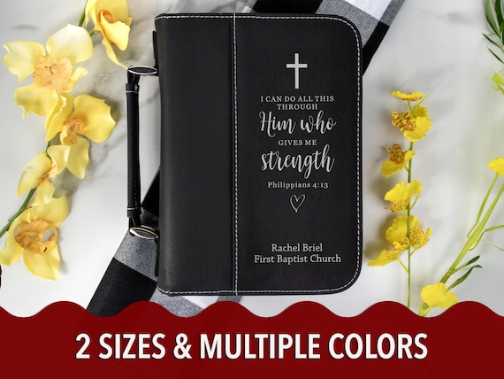 Custom Bible Cover with Cross, Personalized Bible Case, Leatherette Book Cover, Bible Cover with Bible Verse Philippians 4:13 Laser-Engraved