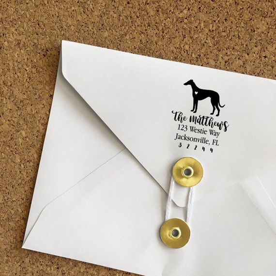 Greyhound Custom Address Stamp - Self Inking Greyhound Family Calligraphy Stamp
