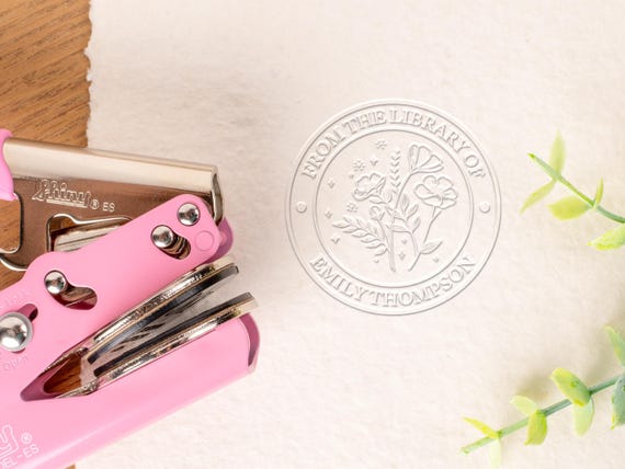 Personalized Botanical Embosser, Custom Name Book Embosser, Premium Pink Embossing Tool, Luxury Gold Finish Embosser, Durable Floral Stamper