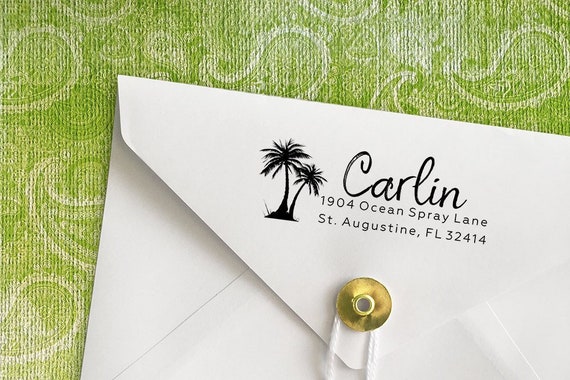 Palm Tree Custom Address Stamp, Cursive Script Rubber Address Stamper