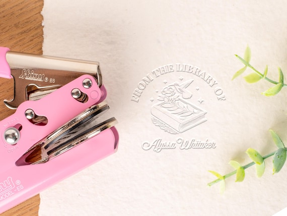 Personalized Library Embosser, Custom Name Embossing Tool, Plant & Book Lover Embosser, Premium Pink Raised Impression Stamp