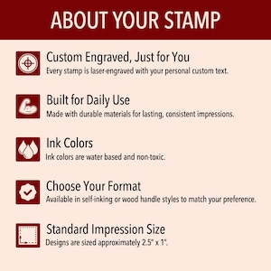 May include: A graphic with the title "ABOUT YOUR STAMP" and details about custom engraved stamps. Features include laser engraving, durable materials, water-based ink, format options, and a standard impression size of approximately 2.5" x 1".