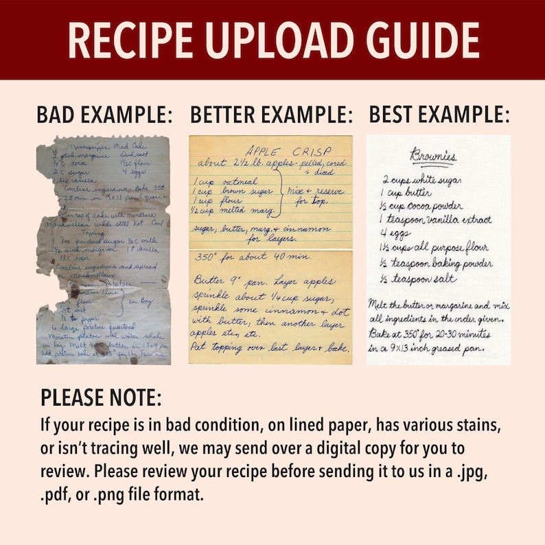 Infographic showing bad, better, & best examples of recipes for engraving. The bad recipe is dark & has stains, the better recipe has better lighting and no stains but is on lined paper, & the best example has no stains, no lines, & is very bright