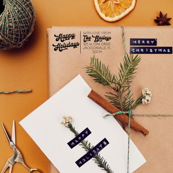 Vintage Happy Holidays Personalized Rubber Stamp
