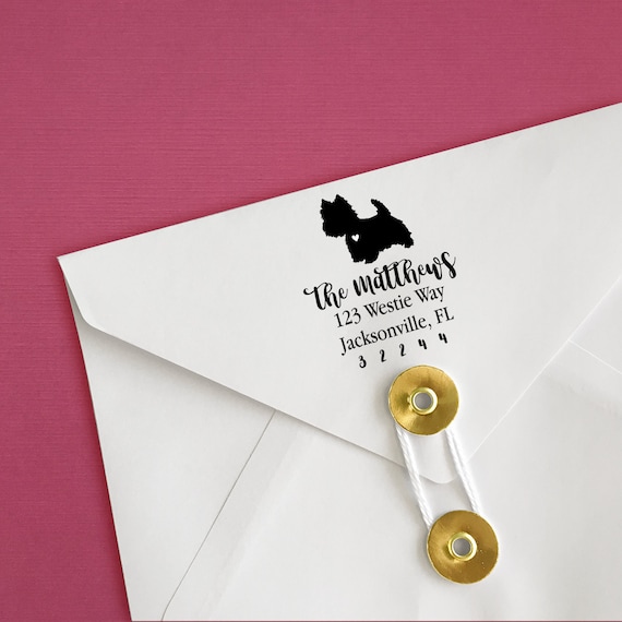 Westie Custom Address Stamp - Self Inking West Highland Terrier Calligraphy Stamp