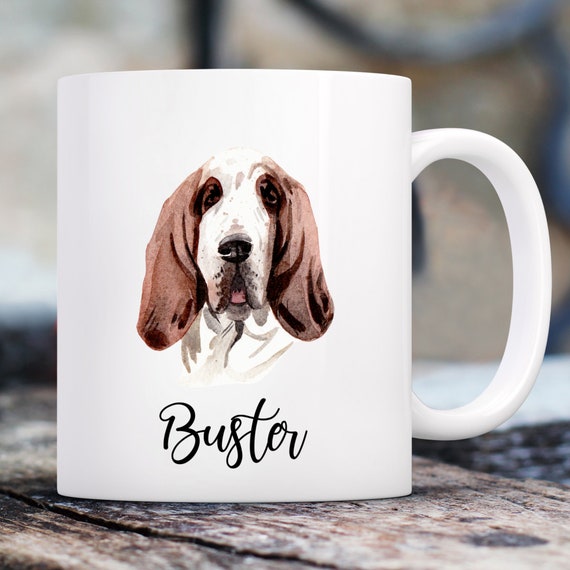 Basset Hound Watercolor Mug with Custom Name | Personalized Coffee Cup 11 oz.