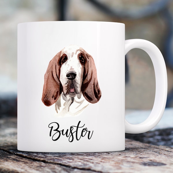 Basset Hound Watercolor Mug with Custom Name | Personalized Coffee Cup 11 oz.