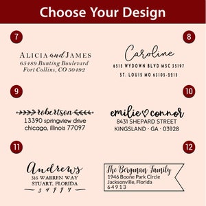 Continuation of design infographic featuring 6 additional designs for the return address stamp numbered 7-12. The designs vary in different fonts and styles, and all designs feature a script font for the name and a non-script font for the address.