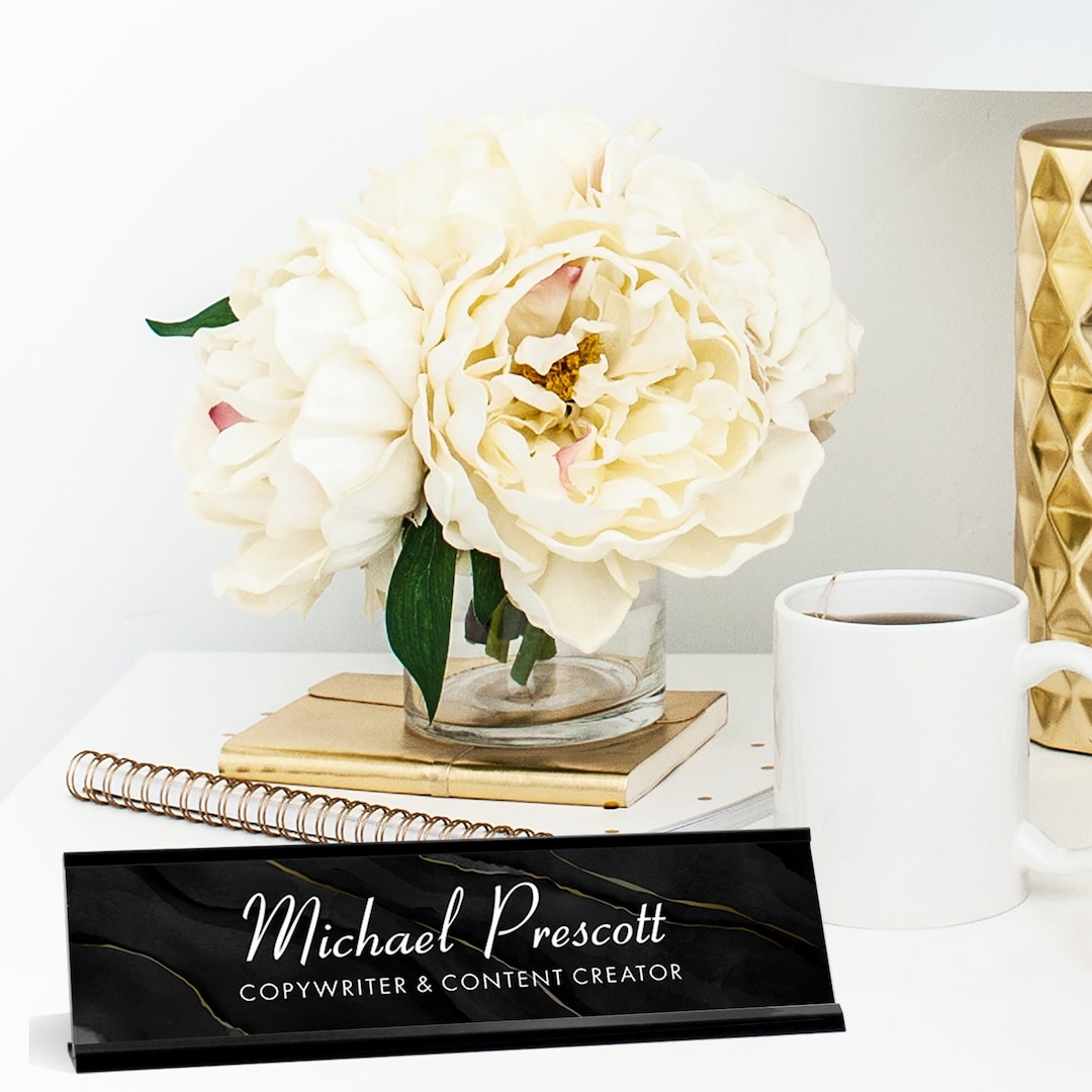 Black Marble Desk Name Plate, Desk Plaque for Office Decor, Cute Desk
