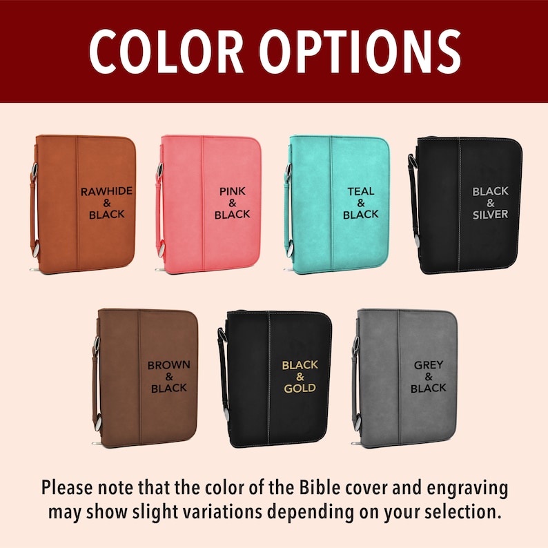 May include: A selection of bible covers in various colours, including rawhide and black, pink and black, teal and black, black and silver, brown and black, black and gold, and grey and black. The covers are all made of a soft, durable material and feature a zipper closure.
