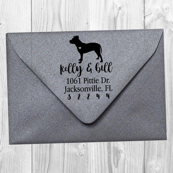 Pit Bull Custom Address Stamp - Self Inking Pittie Dog Calligraphy Stamp