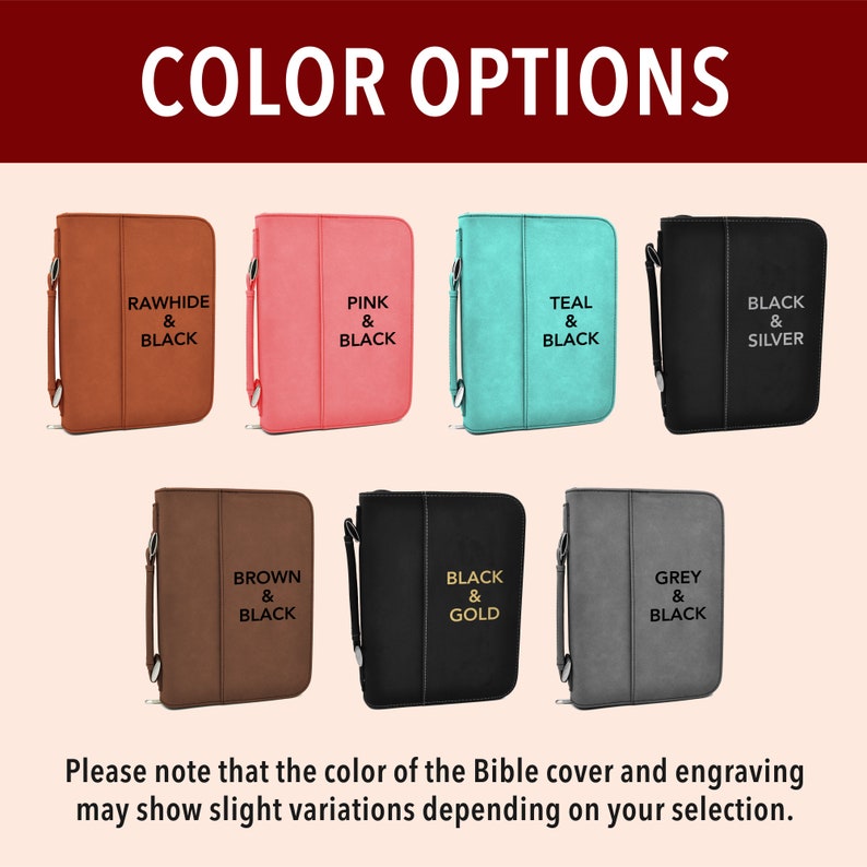 May include: A selection of bible covers in various colors, including rawhide and black, pink and black, teal and black, black and silver, brown and black, black and gold, and grey and black. The covers are all made of a soft, durable material and feature a zipper closure.