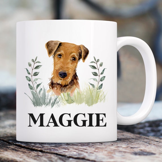 Airedale Terrier Botanical Mug with Custom Name | Personalized Coffee Cup 11 oz.
