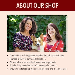 May include: Image of two women and a dog smiling. The text "ABOUT OUR SHOP" is at the top. Below the image are bullet points describing the shop's mission, founding year, product specialization, and commitment to customer service.