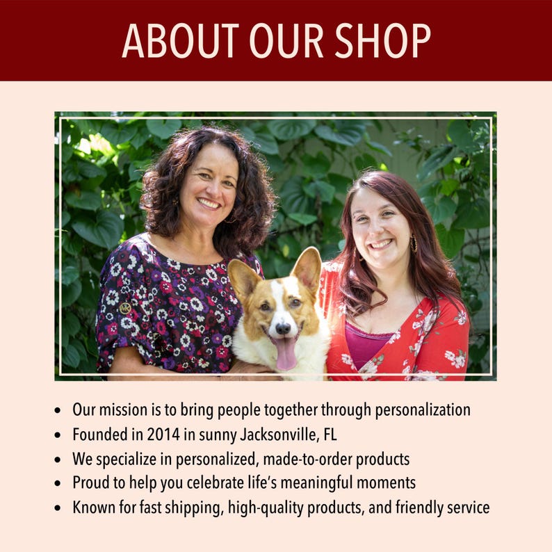 May include: Image of two women and a dog smiling. The text "ABOUT OUR SHOP" is at the top. Below the image are bullet points describing the shop's mission, founding year, product specialization, and commitment to customer service.
