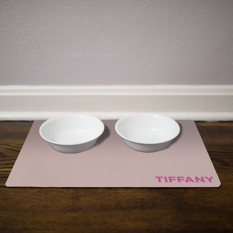 May include: A light pink silicone pet food mat with two white bowls and the name "TIFFANY" printed in pink.