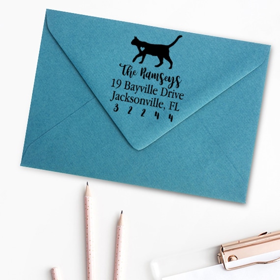 Cat Custom Address Stamp - Self Inking Cat Lover Calligraphy Stamp
