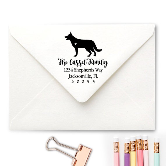 German Shepherd Custom Address Stamp - Self Inking GSD Calligraphy Stamp