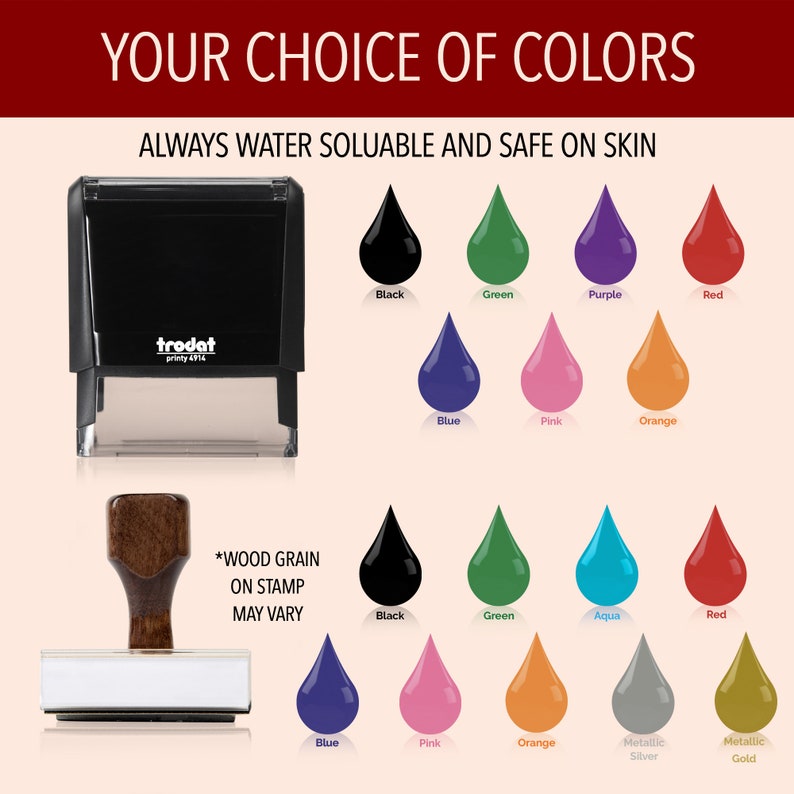 Infographic featuring the self-inking and wooden hand stamp bodies with the ink colors available. Self-inking offers black, green, purple, red, blue, pink, and orange. Wooden hand stamp offers all those colors plus aqua, metallic silver and gold.