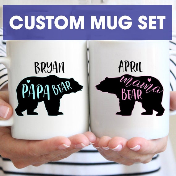 Mama and Papa Bear Mug Set, Custom Mugs, Gifts for Parents, Personalized Coffee Mug
