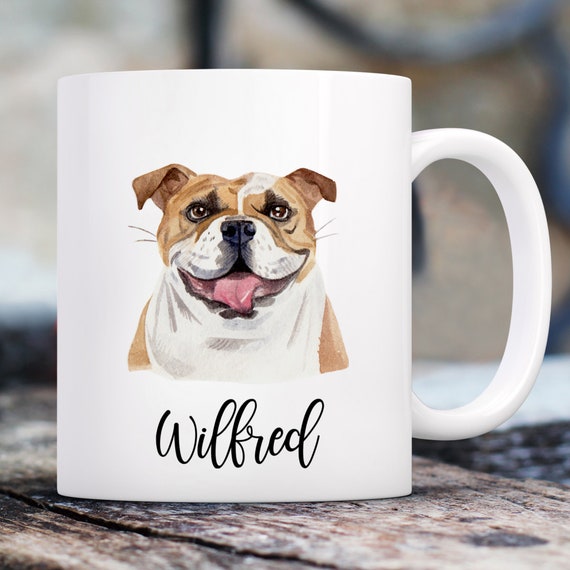 English Bulldog Watercolor Mug with Custom Name | Personalized Coffee Cup 11 oz.
