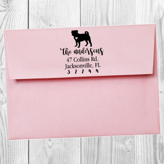 Pug Custom Address Stamp - Self Inking Pug Calligraphy Stamp