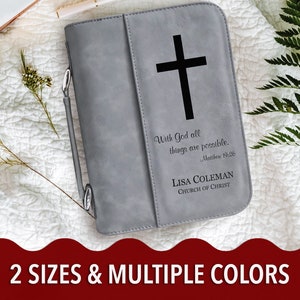 Custom Bible Cover with Cross, Personalized Bible Case, Leatherette Book Cover, Bible Cover with Bible Verse Matthew 19:26 Laser-Engraved
