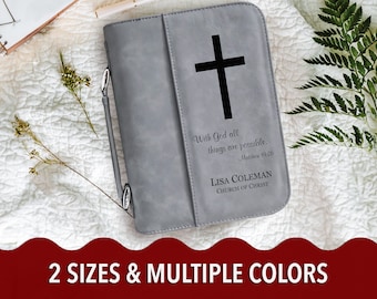 Custom Bible Cover with Cross, Personalized Bible Case, Leatherette Book Cover, Bible Cover with Bible Verse Matthew 19:26 Laser-Engraved