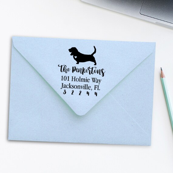 Basset Hound Custom Address Stamp - Self Inking Hound Dog Calligraphy Stamp