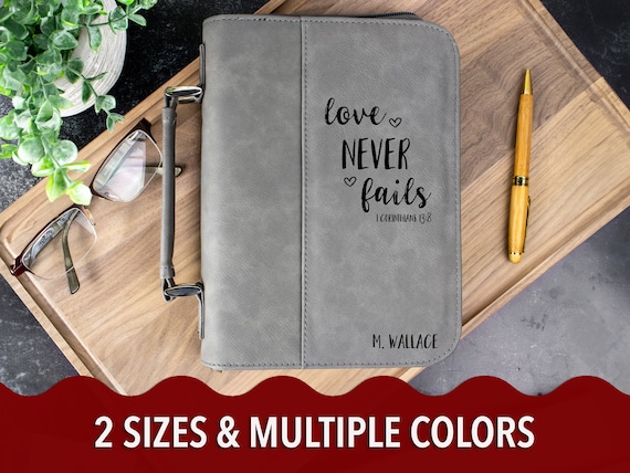 Custom Bible Cover with Christian Cross, Personalized Bible Case, Leatherette Book Cover with Bible Verse 1 Corinthians 13:8 Laser-Engraved
