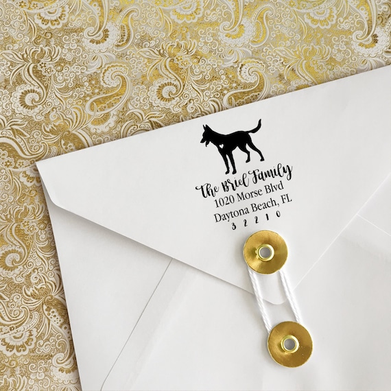 Malinois Custom Address Stamp - Self Inking Belgian Malinois Family Calligraphy Stamp