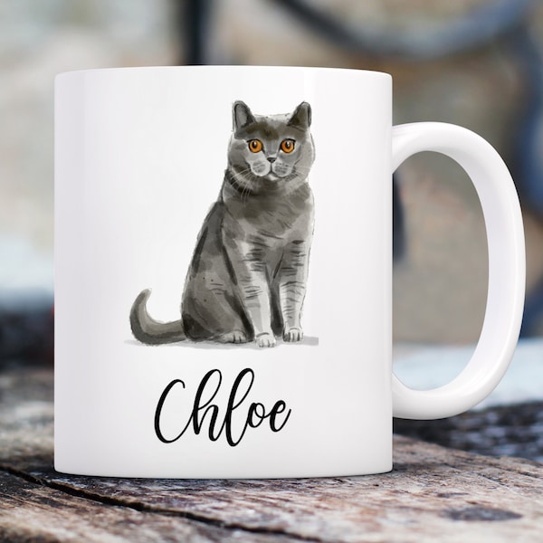 British Grey Short Hair Cat Watercolor Double Sided Mug | Custom 11 Oz. Coffee Mug
