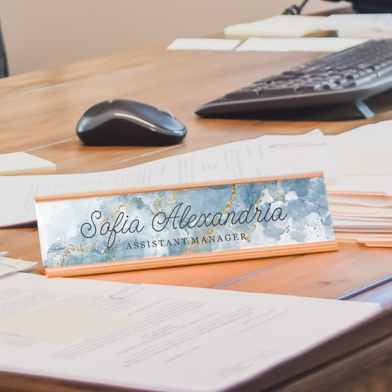 Blue Marble Desk Name Plate, Desk Plaque for Office Decor, Custom Name Plate, Teacher Name Plate, Desk Decoration, Cute Desk Accessory