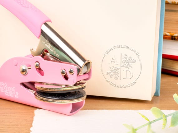 Premium Pink Book Embosser, Custom Initial Library Embossing Tool, Portable Ergonomic Raised Impression Stamp, Luxury Initial Book Embosser