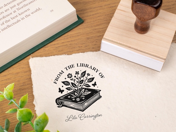 Personalized Floral Book Stamp, Custom Name Library Stamp, Long-lasting Botanical Craft Stamp, Traditional Self-Inking Rubber Stamp