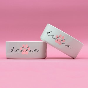 Personalized Dog Bowl | Custom Ceramic Dog Bowl Measuring 7” | Bowl with Pet’s Name in Cursive Font | Paw Print Design in Variety of Colors