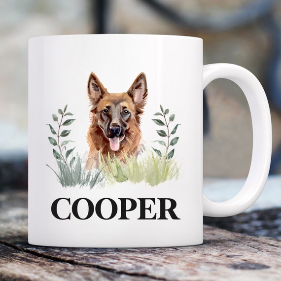 German Shepherd Botanical Mug with Custom Name | Personalized Coffee Cup 11 oz.