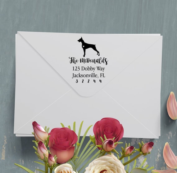 Doberman Custom Address Stamp - Self Inking Doberman Pinscher Calligraphy Stamp
