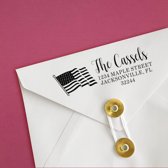 Custom Family Address Stamp, The Cassels Patriotic Address Stamp, Self-Inking Return Address Stamps, American Flag, Housewarming Gift Stamp