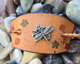 1234  Leather Hair Slide, Stick Barrette, bun holder, Dragonfly,