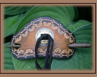 Item 944  Leather Hair Slide Barrette with stamped edges, Western Style with Concho & Fringe