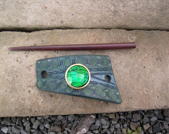 595 LEATHER hair slide, stick barrette, green, blue, iridescent accent, wood stick, bun holder, ponytail, casual, hair jewelry
