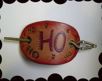555 HO HO HO, Leather stick barrette, hair slide, bun holder, holiday, Christmas, winter, festive, brass stick, hair jewelry