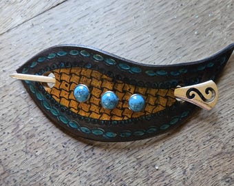 Item 1238  Leather Hair Slide: Turquoise Gem Studs, Stamped Leaf Barrette