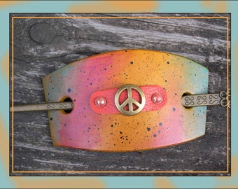 Item 1108  Leather Hair Barrette: Vintage Peace Sign, Colorful Hippie Style Hair Slide