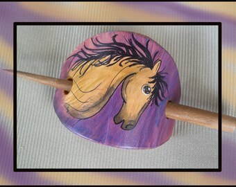 Item 1071  Leather Horse Hair Slide: Hand Cut Barrette with Wood Stick