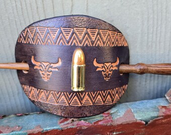 1232  Western hair slide, stick barrette, hair clip, ranch, rodeo, cowgirl,  bullet concho, stamped leather