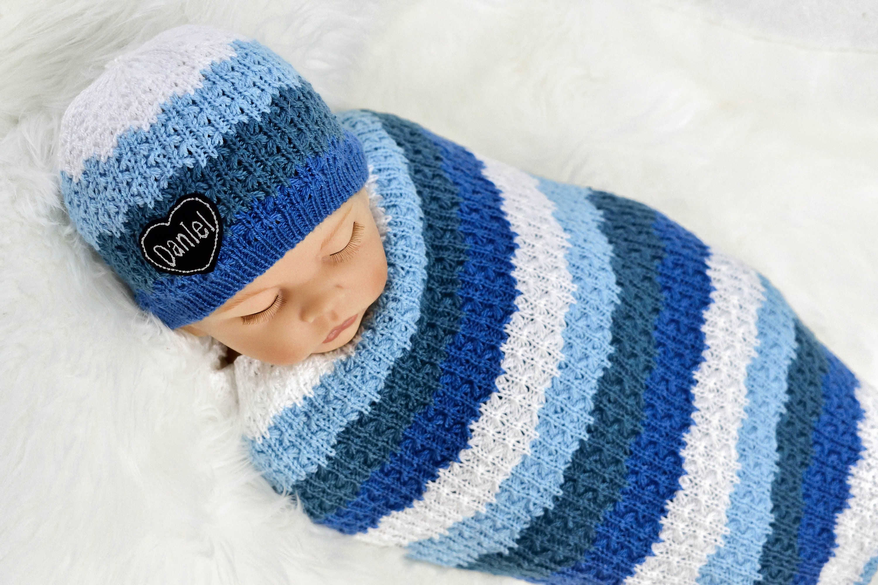 Custom Personalized Swaddle Set Boy Knitted Baby Blanket Etsy